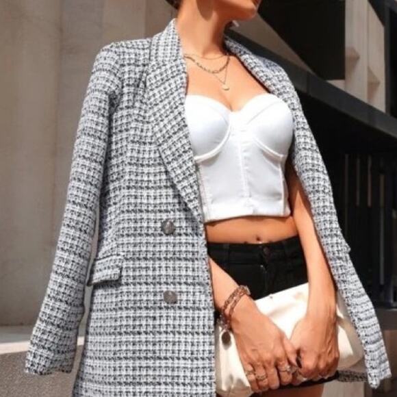 Zara Blue White Textured Tweed Double Breasted Blazer. Blogger fave. Like New - Picture 2 of 14